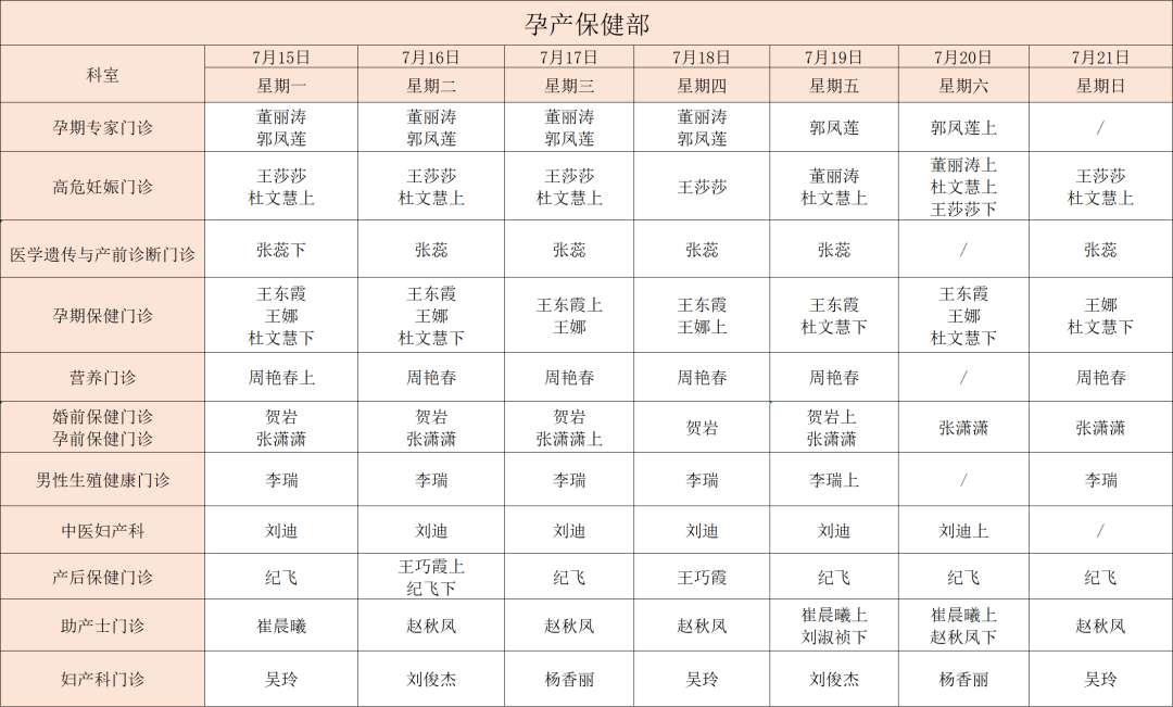 【温馨告知】周口市妇幼保健院健康服务集团2024年7月15日-2024年7月21日门诊坐诊信息